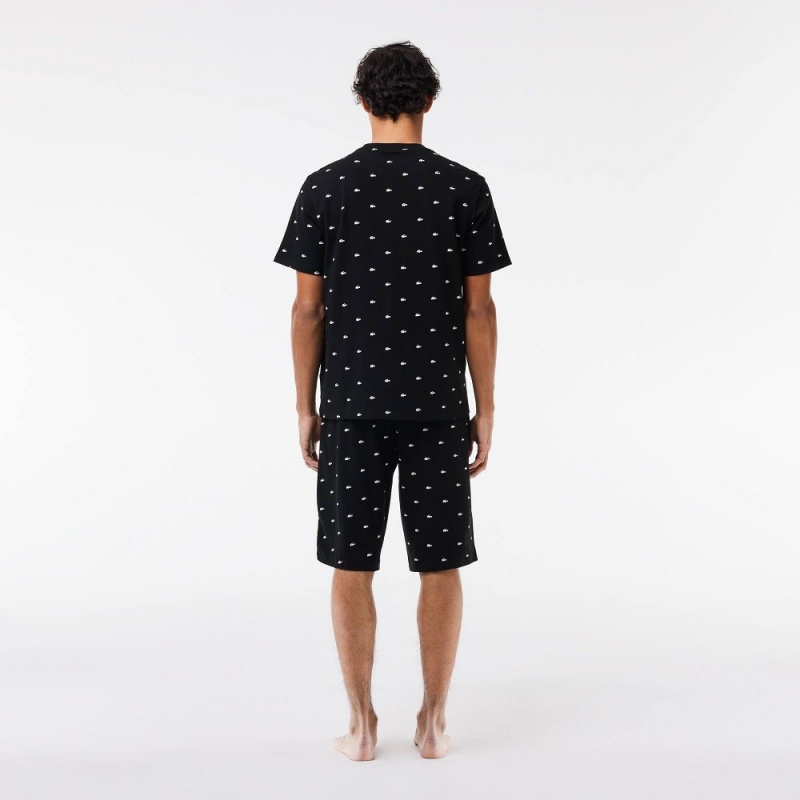 Men's Lacoste Crocodile Print Jersey Pajamas Black White | NDQ429518