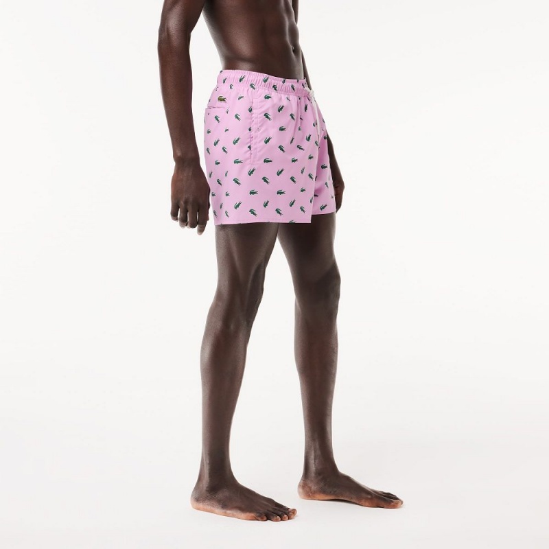 Men's Lacoste Crocodile Print Swim Trunks Pink White | JHS809651