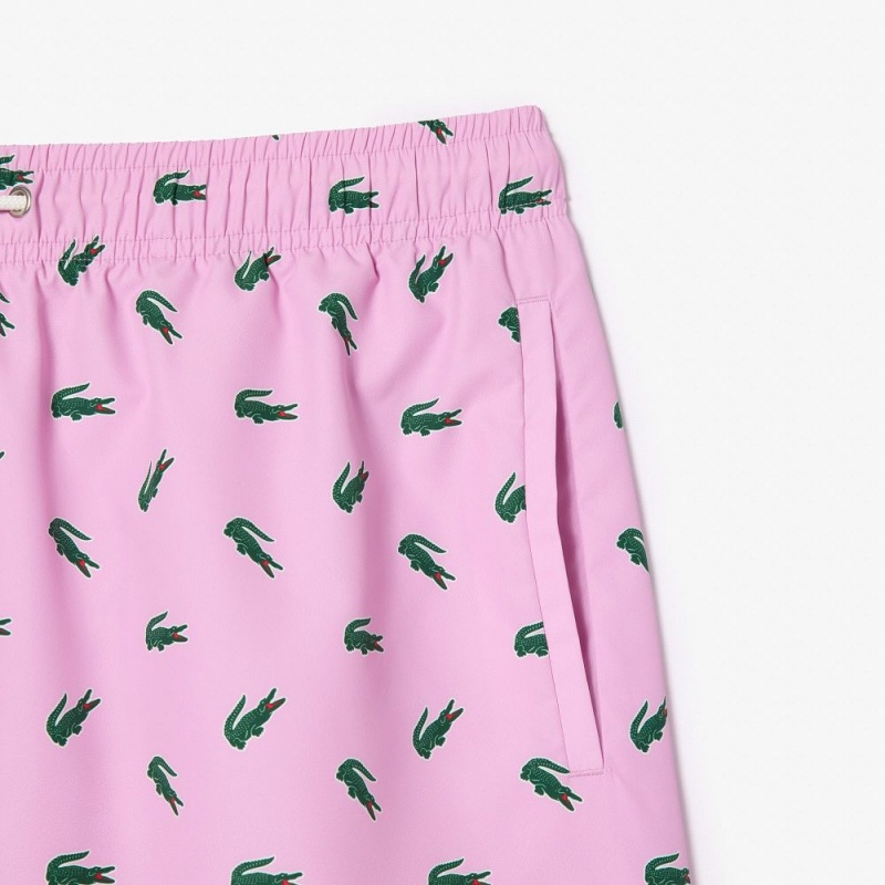 Men's Lacoste Crocodile Print Swim Trunks Pink White | JHS809651