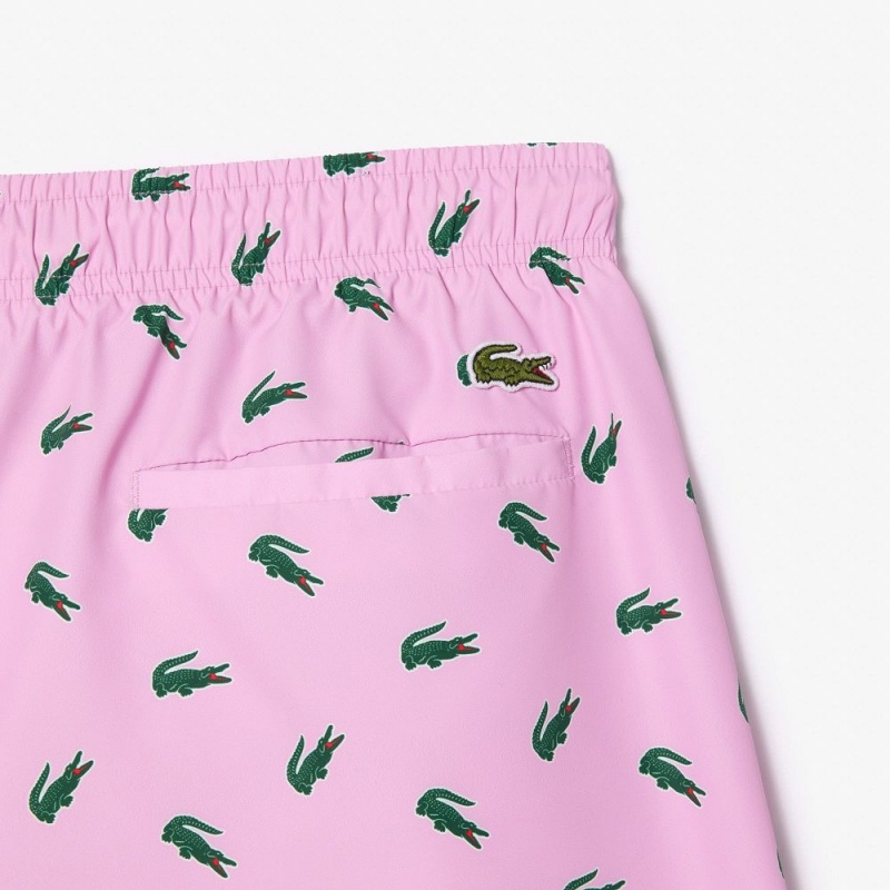 Men's Lacoste Crocodile Print Swim Trunks Pink White | JHS809651