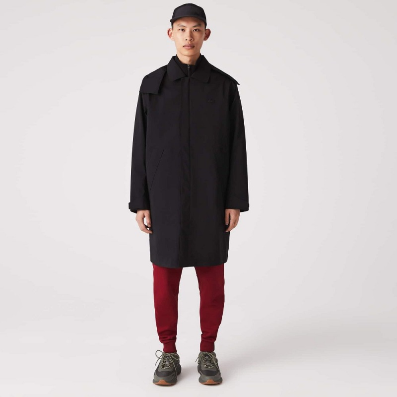 Men's Lacoste Detachable Hood Knee-Length Water-Resistant Coats Black | HIO680974