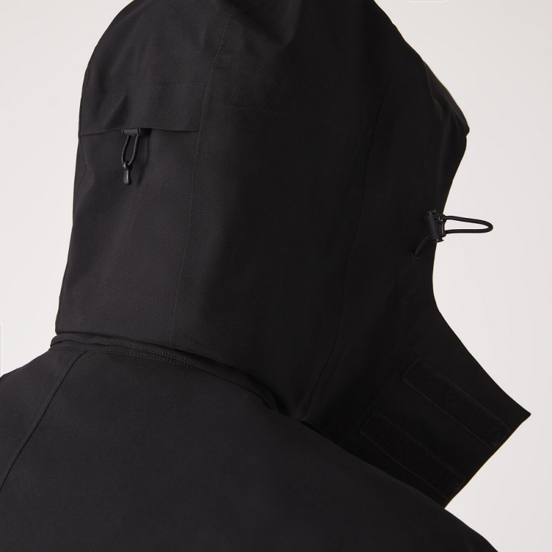 Men's Lacoste Detachable Hood Knee-Length Water-Resistant Coats Black | HIO680974