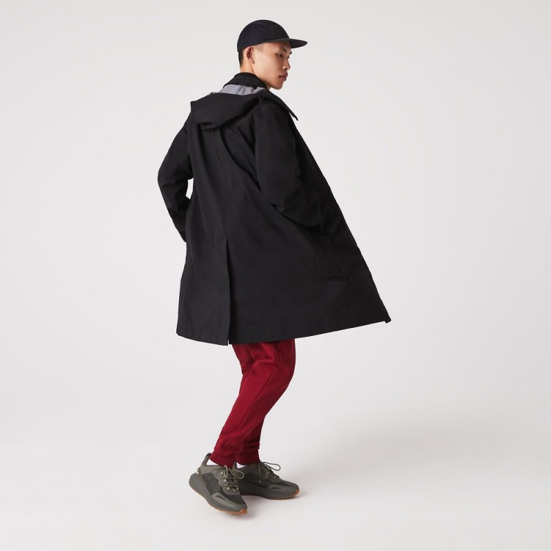 Men's Lacoste Detachable Hood Knee-Length Water-Resistant Coats Black | HIO680974