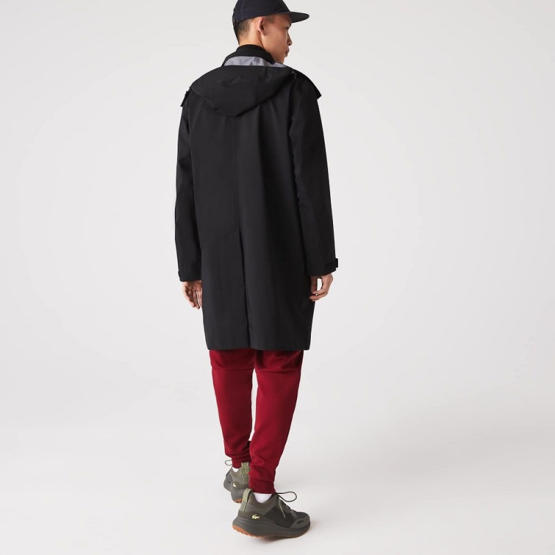 Men's Lacoste Detachable Hood Knee-Length Water-Resistant Coats Black | HIO680974