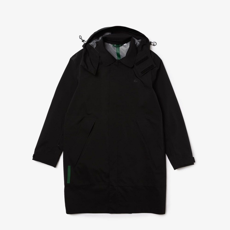 Men's Lacoste Detachable Hood Knee-Length Water-Resistant Coats Black | HIO680974