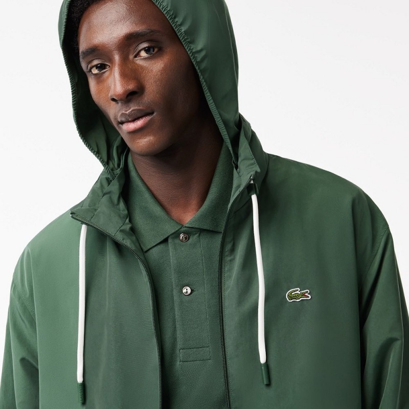 Men's Lacoste Detachable Hood Water-Resistant Jackets Dark Green | QKJ769038