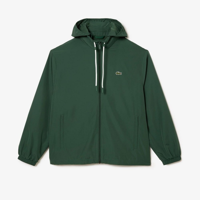 Men's Lacoste Detachable Hood Water-Resistant Jackets Dark Green | QKJ769038