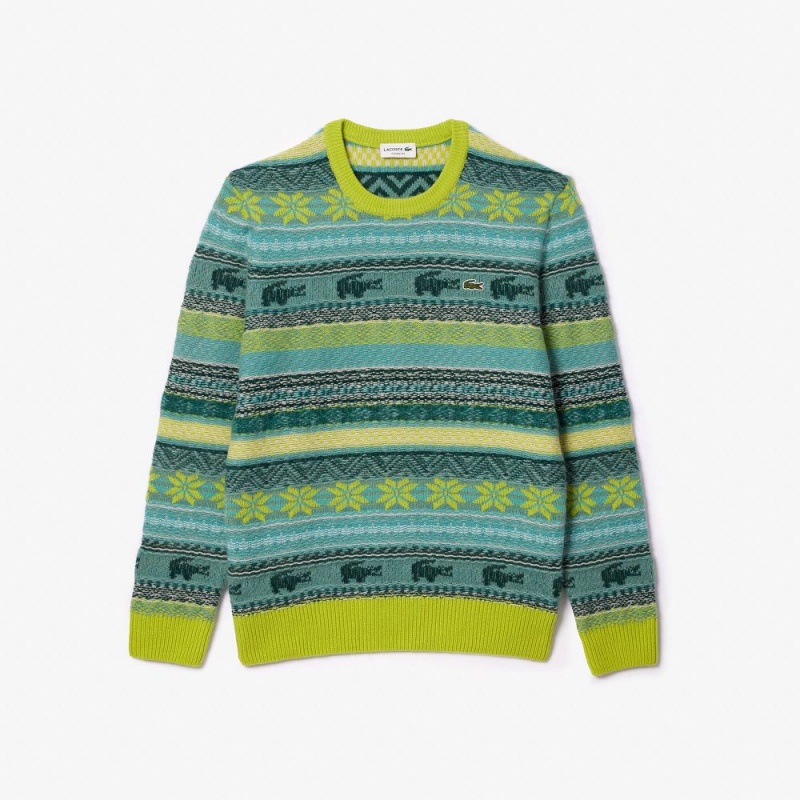 Men's Lacoste Fair Isle Alpaca and Wool Blend Sweater Flashy Yellow White | CJM569384