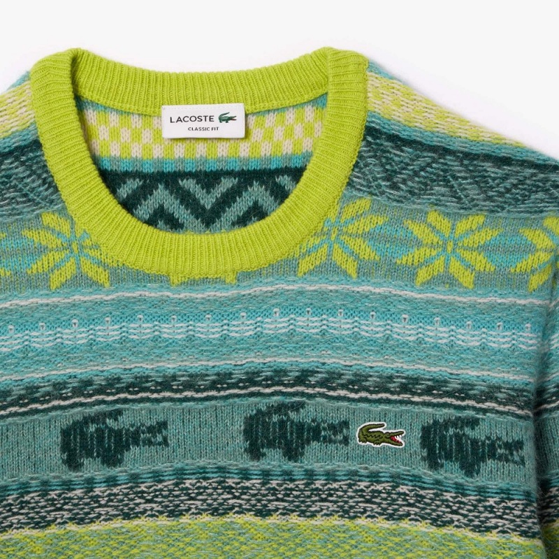 Men's Lacoste Fair Isle Alpaca and Wool Blend Sweater Flashy Yellow White | CJM569384