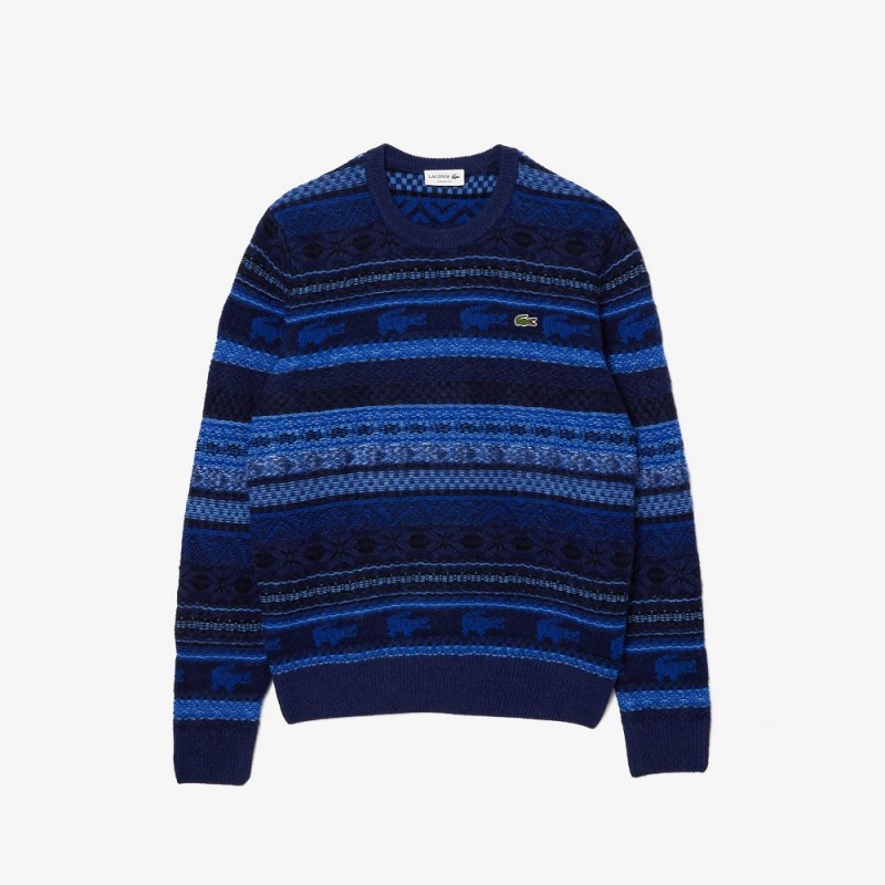 Men's Lacoste Fair Isle Alpaca and Wool Blend Sweater Blue White | BQO738469