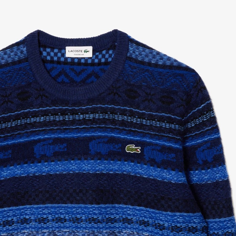 Men's Lacoste Fair Isle Alpaca and Wool Blend Sweater Blue White | BQO738469