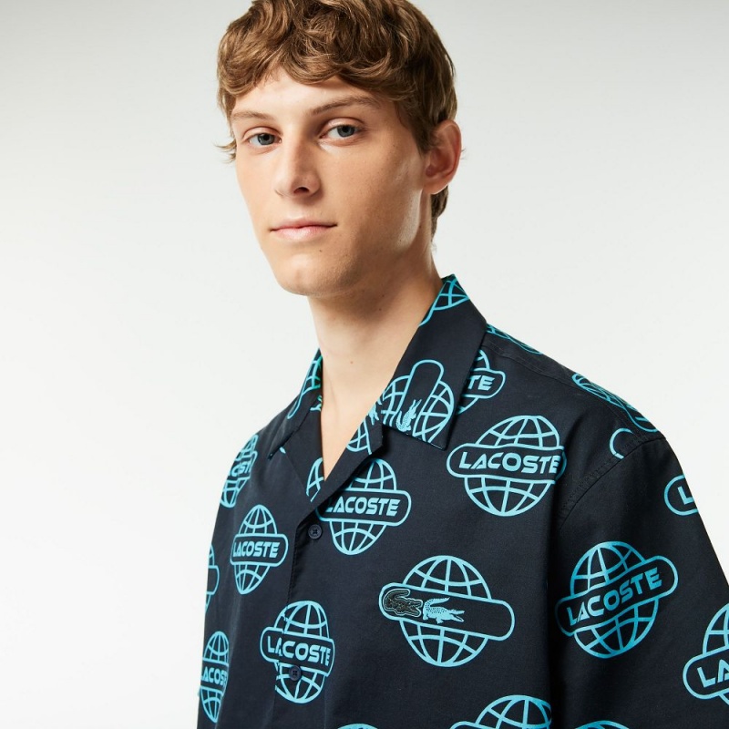 Men's Lacoste Globe Print Cotton Twill Shirt Black Blue | DNC268417