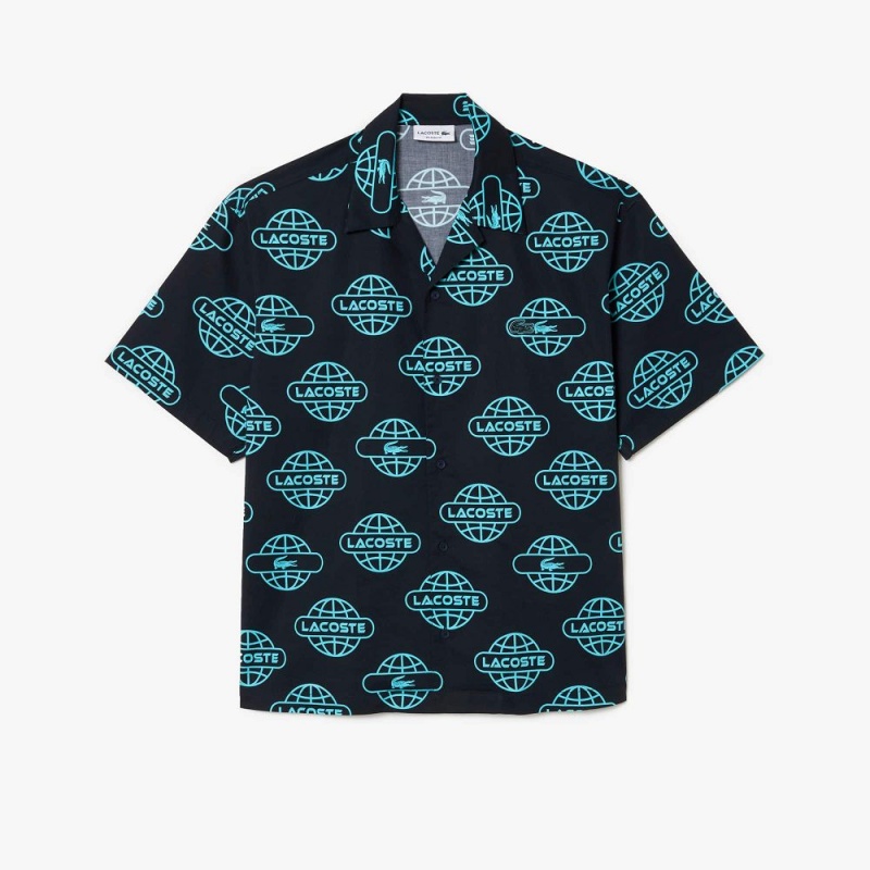 Men's Lacoste Globe Print Cotton Twill Shirt Black Blue | DNC268417