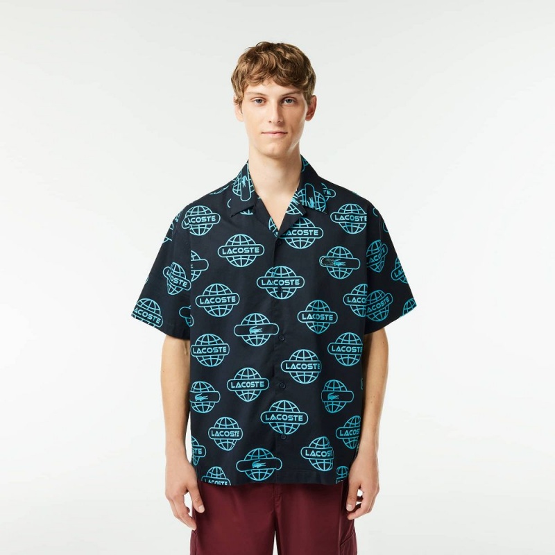 Men\'s Lacoste Globe Print Cotton Twill Shirt Black Blue | DNC268417