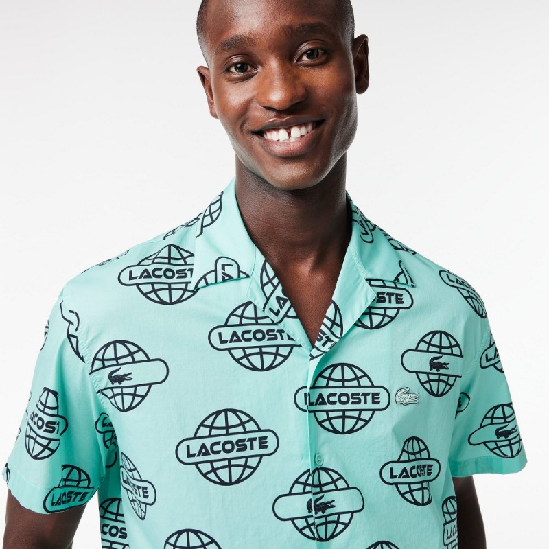 Men's Lacoste Globe Print Cotton Twill Shirt Light Green Black | RCX819604