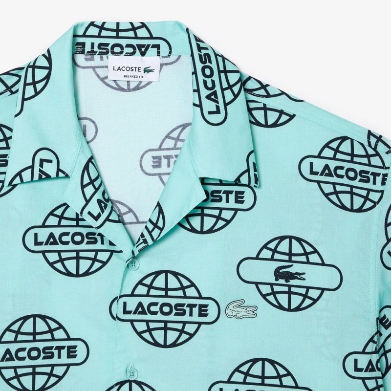 Men's Lacoste Globe Print Cotton Twill Shirt Light Green Black | RCX819604