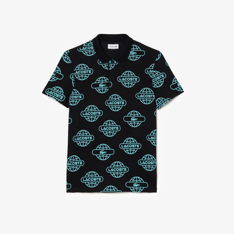 Men's Lacoste Globe Print Lacoste Movement Polo Shirts Black Blue | XGZ086479