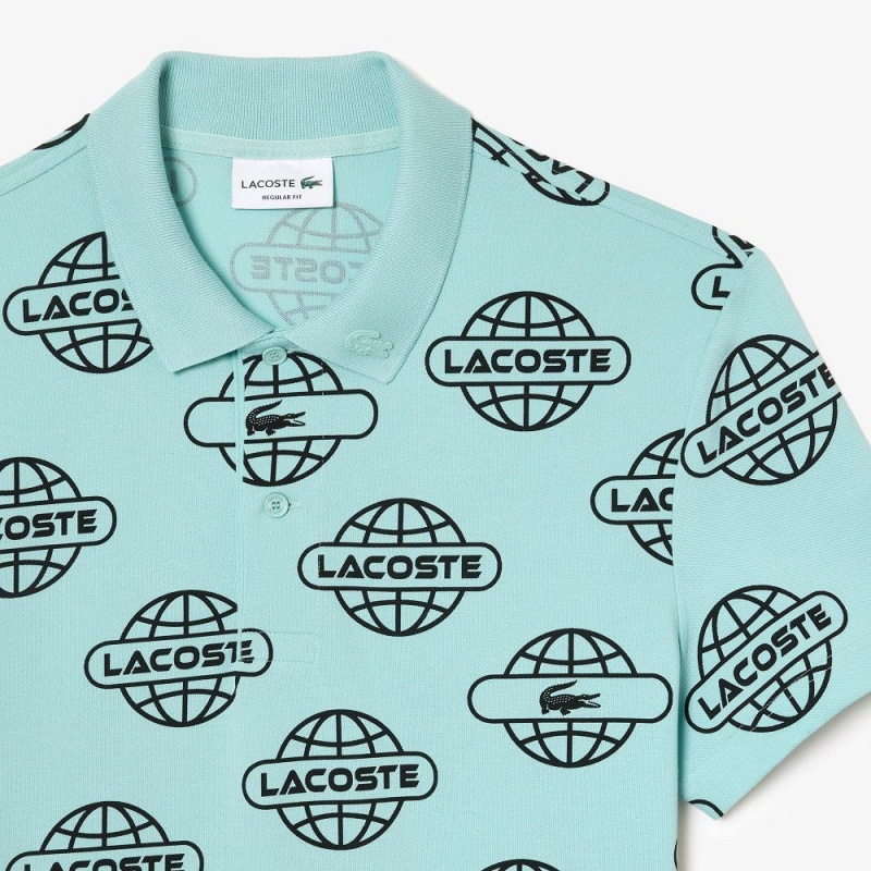 Men's Lacoste Globe Print Lacoste Movement Polo Shirts Light Green Black | OTQ468570