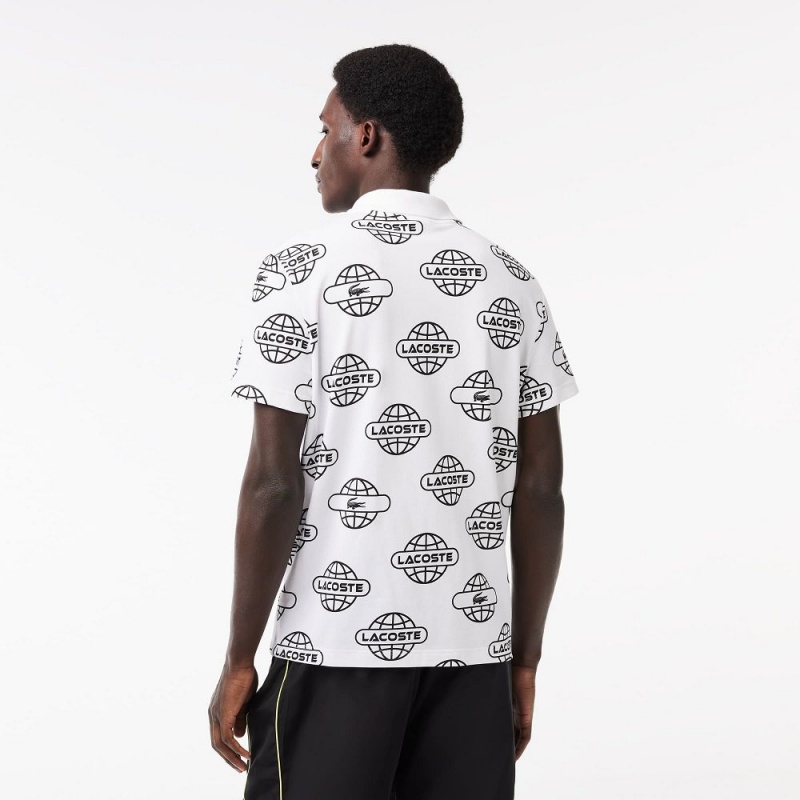 Men's Lacoste Globe Print Lacoste Movement Polo Shirts White Black | SZD078634