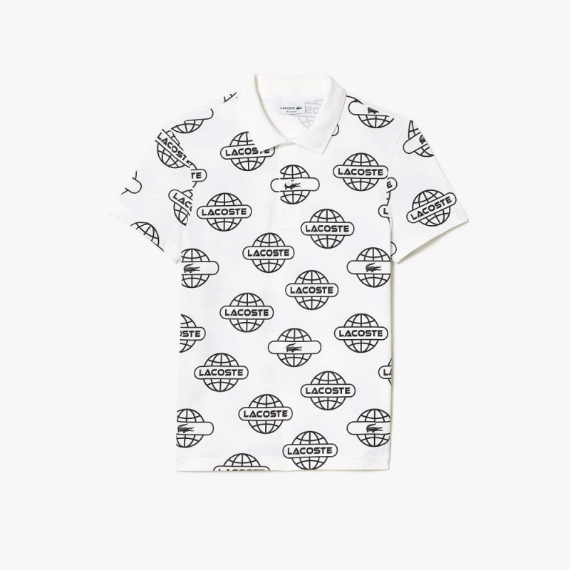 Men's Lacoste Globe Print Lacoste Movement Polo Shirts White Black | SZD078634