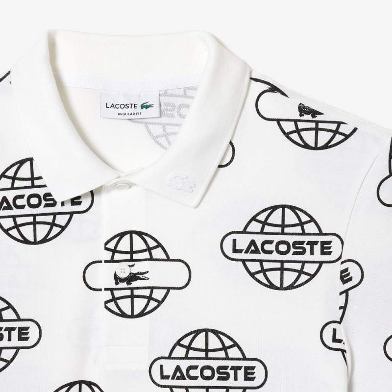 Men's Lacoste Globe Print Lacoste Movement Polo Shirts White Black | SZD078634