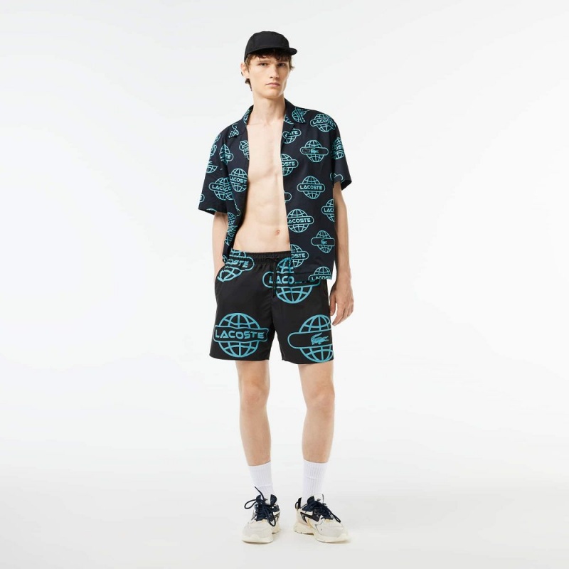 Men's Lacoste Globe Print Shorts Black Blue | XDZ145267