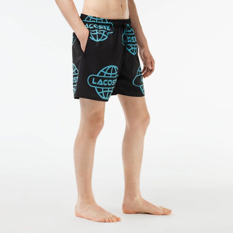 Men's Lacoste Globe Print Shorts Black Blue | XDZ145267