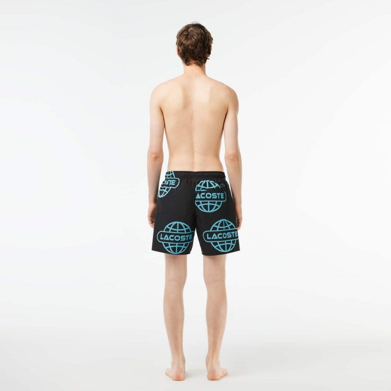 Men's Lacoste Globe Print Shorts Black Blue | XDZ145267