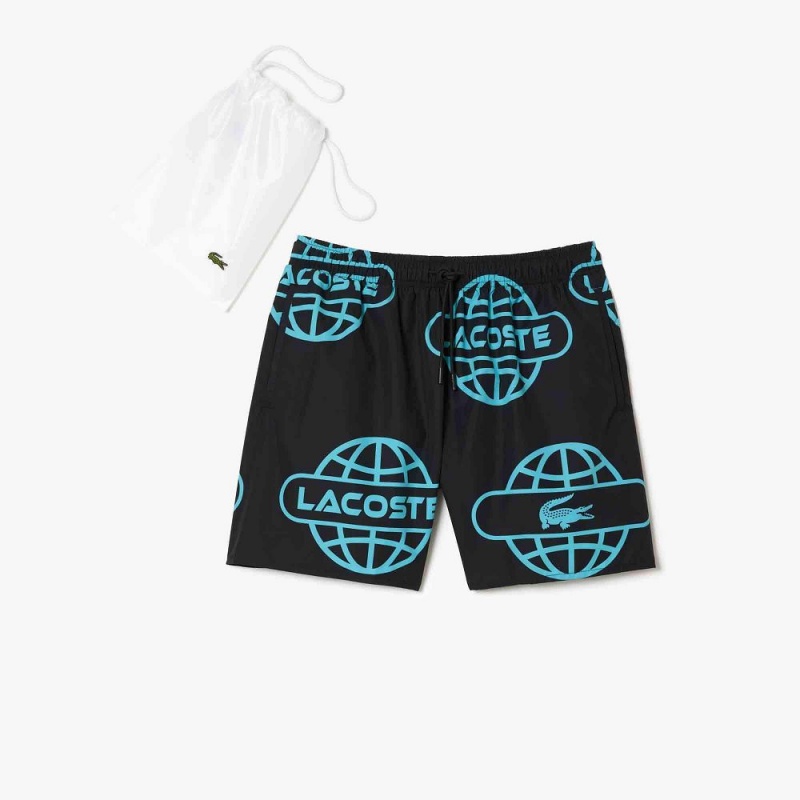 Men's Lacoste Globe Print Shorts Black Blue | XDZ145267