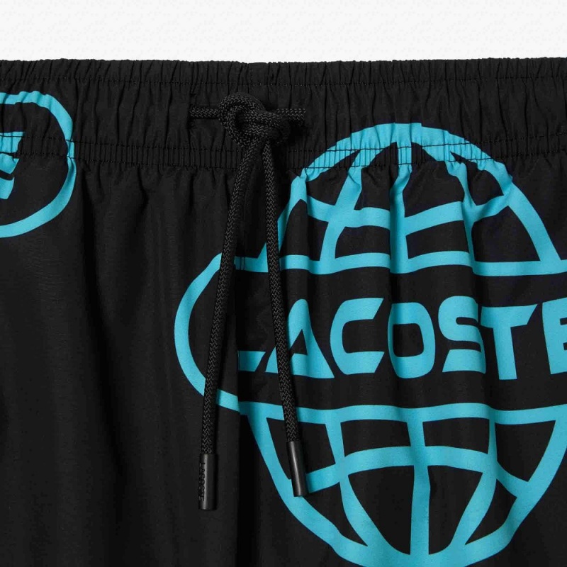 Men's Lacoste Globe Print Shorts Black Blue | XDZ145267