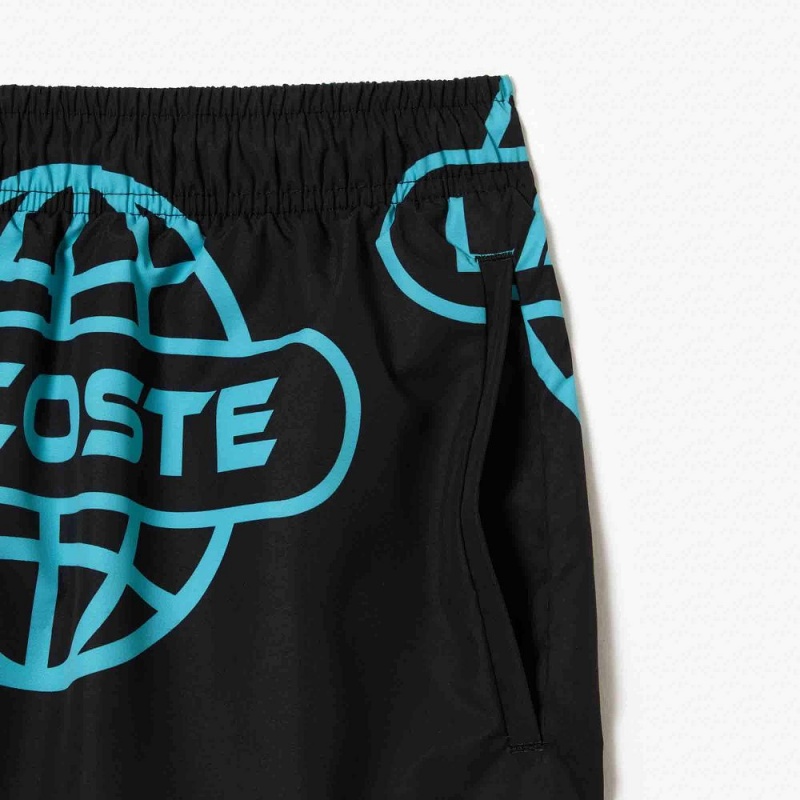 Men's Lacoste Globe Print Shorts Black Blue | XDZ145267