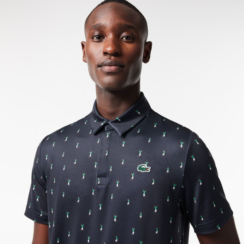 Men's Lacoste Golf Print Recycled Polyester Polo Shirts Navy Blue Green | ZNM543079