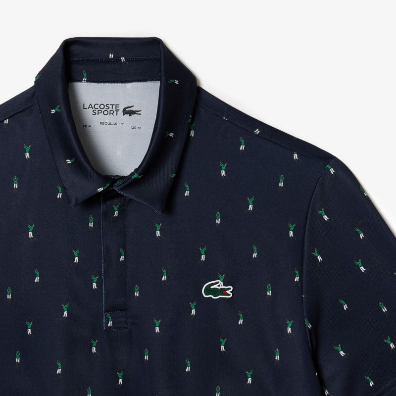 Men's Lacoste Golf Print Recycled Polyester Polo Shirts Navy Blue Green | ZNM543079