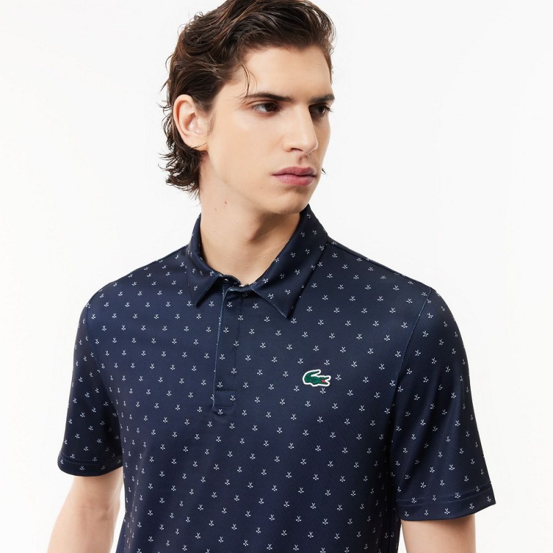 Men's Lacoste Golf Print Recycled Polyester Polo Shirts Navy Blue White | JNE250379