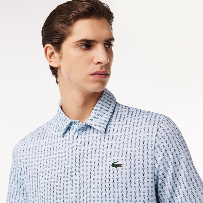 Men's Lacoste Golf Print Recycled Polyester Polo Shirts Light Blue White | LRD805971