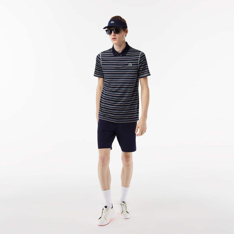 Men's Lacoste Golf Recycled Polyester Stripe Polo Shirts Navy Blue Light Green White Beige | HKP729804