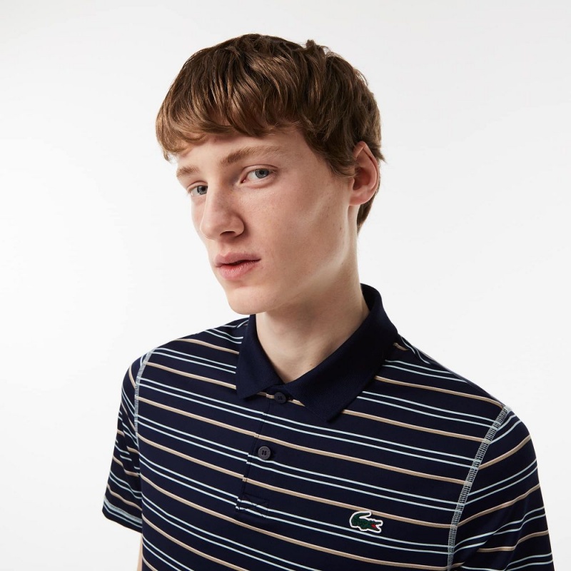 Men's Lacoste Golf Recycled Polyester Stripe Polo Shirts Navy Blue Light Green White Beige | HKP729804