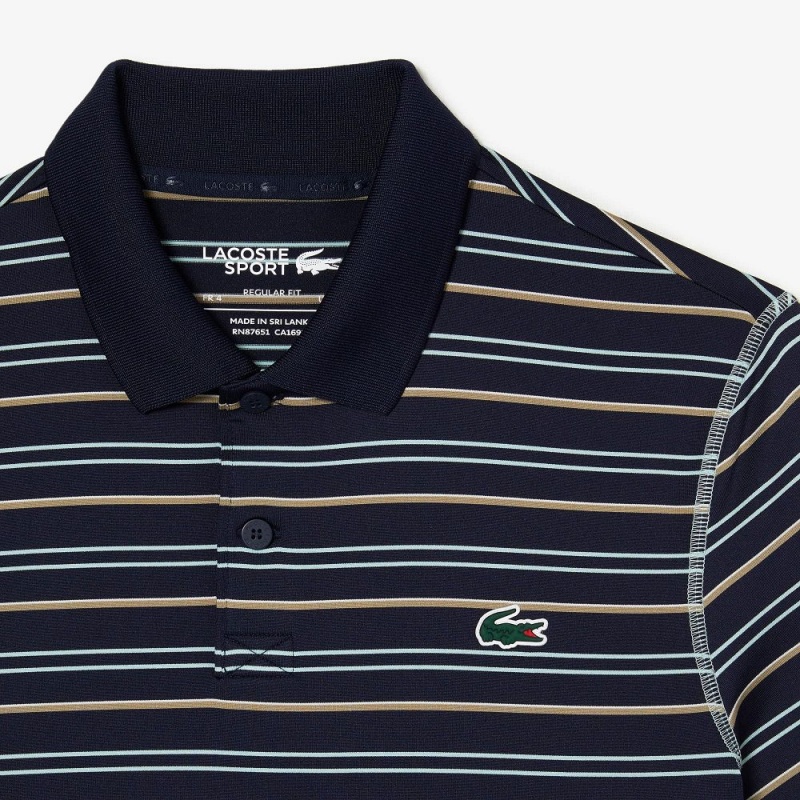 Men's Lacoste Golf Recycled Polyester Stripe Polo Shirts Navy Blue Light Green White Beige | HKP729804