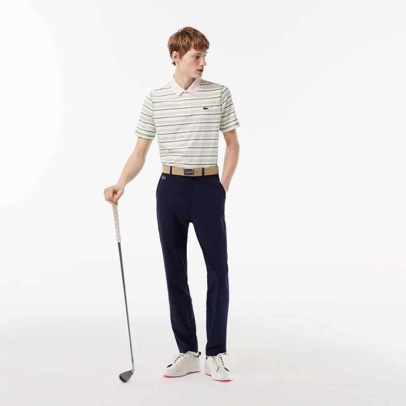 Men's Lacoste Golf Recycled Polyester Stripe Polo Shirts White Beige Navy Blue Green | KMU415086