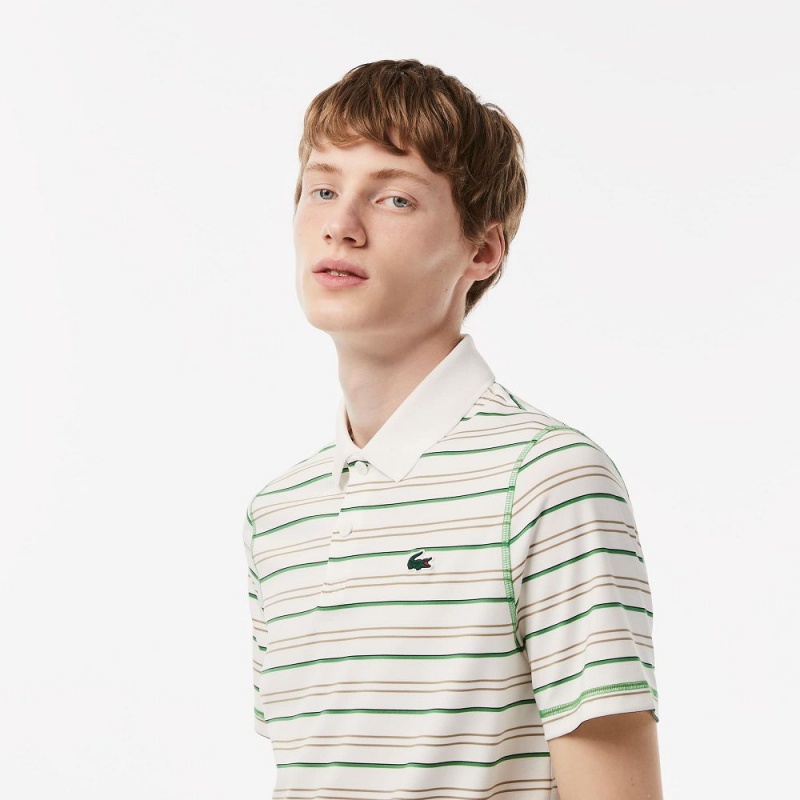 Men's Lacoste Golf Recycled Polyester Stripe Polo Shirts White Beige Navy Blue Green | KMU415086