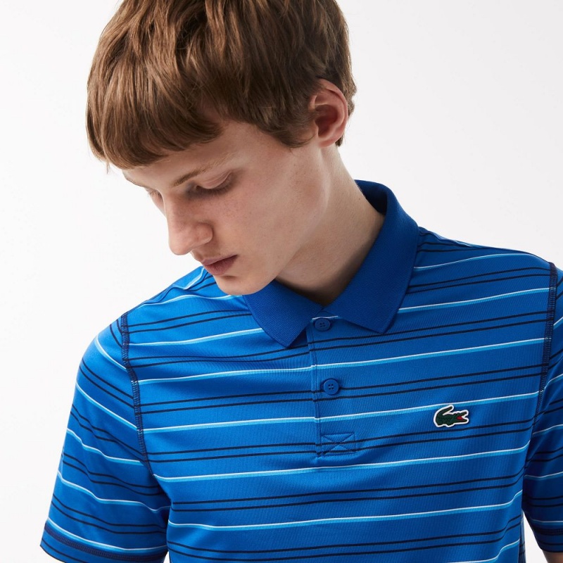 Men's Lacoste Golf Recycled Polyester Stripe Polo Shirts Blue Navy Blue White Blue | YFG609587