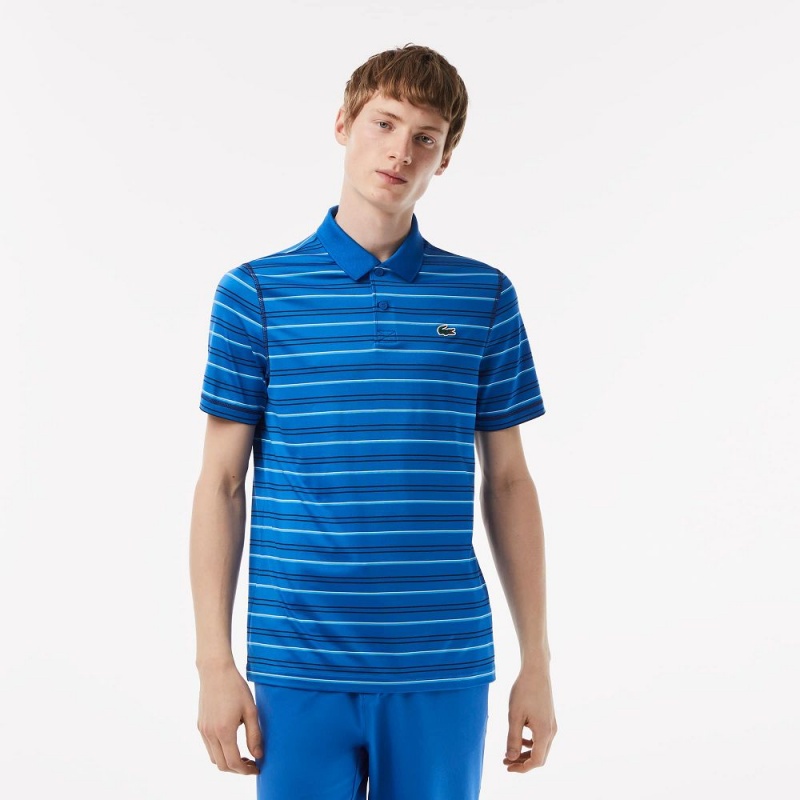 Men\'s Lacoste Golf Recycled Polyester Stripe Polo Shirts Blue Navy Blue White Blue | YFG609587