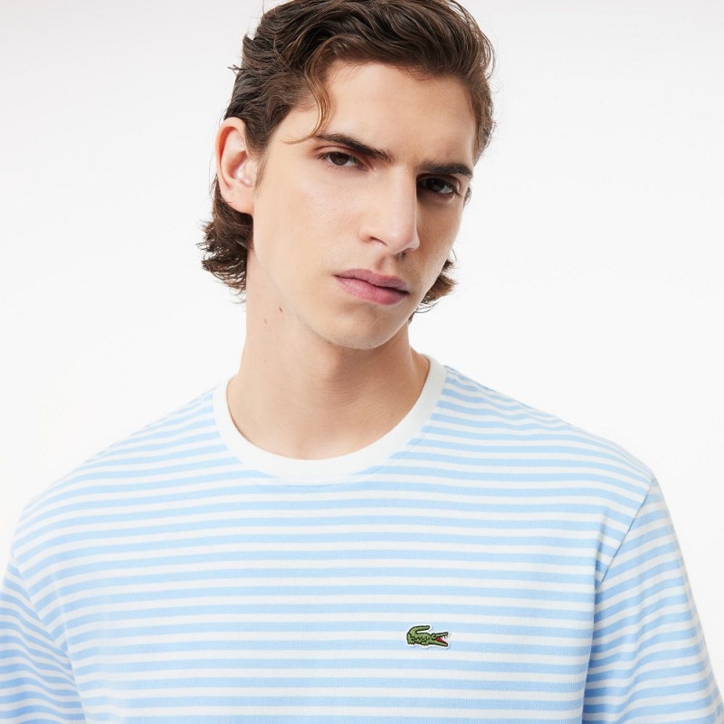 Men's Lacoste Heavy Cotton Striped T-Shirt White Blue | LQZ054716