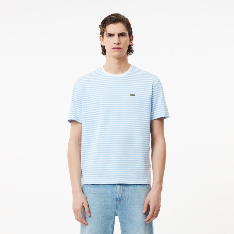 Men\'s Lacoste Heavy Cotton Striped T-Shirt White Blue | LQZ054716