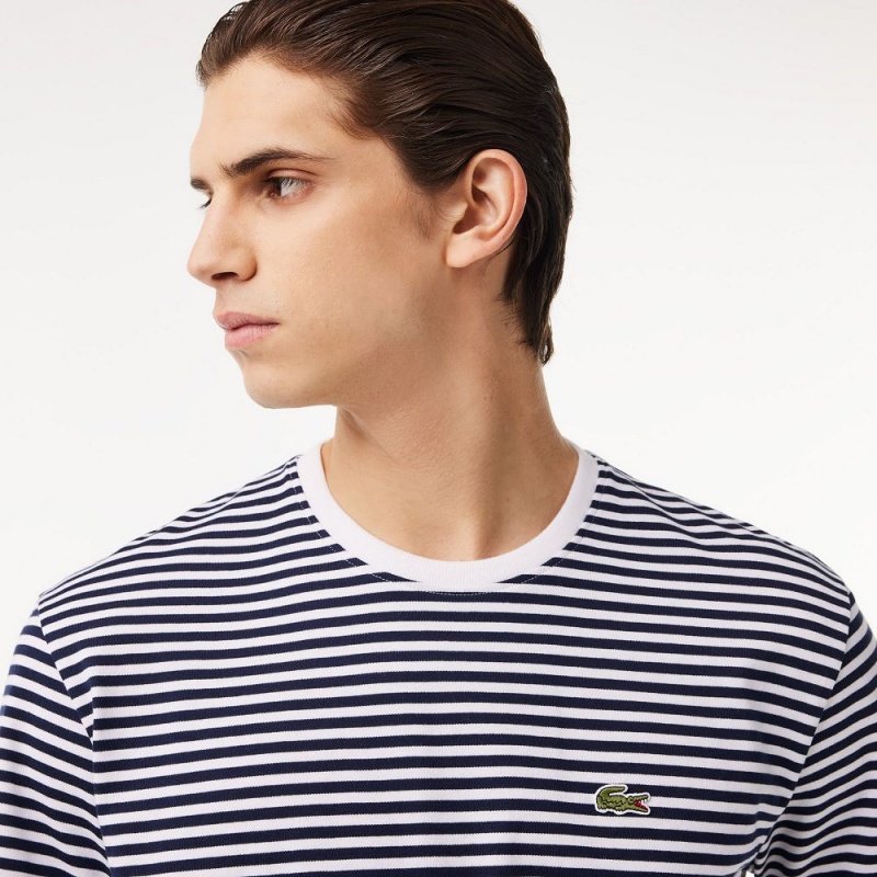 Men's Lacoste Heavy Cotton Striped T-Shirt White Navy Blue | FXA041739