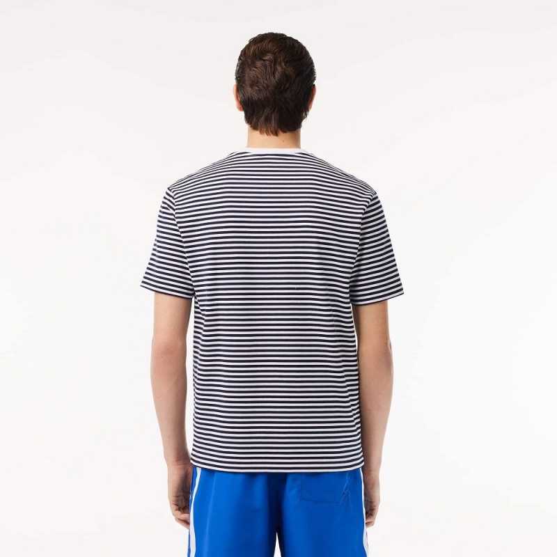 Men's Lacoste Heavy Cotton Striped T-Shirt White Navy Blue | FXA041739