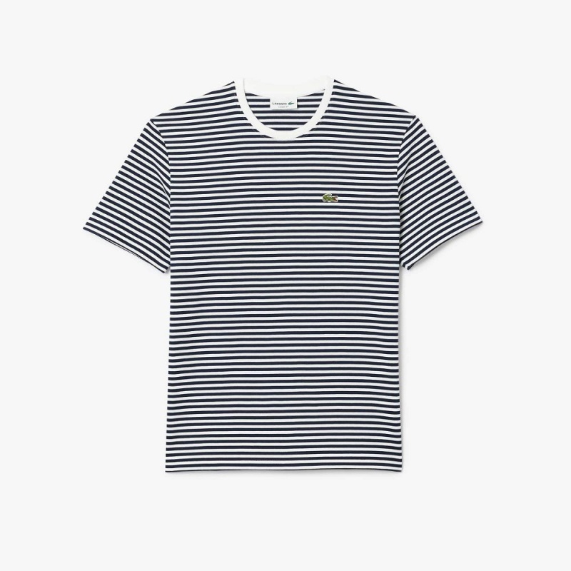 Men's Lacoste Heavy Cotton Striped T-Shirt White Navy Blue | FXA041739