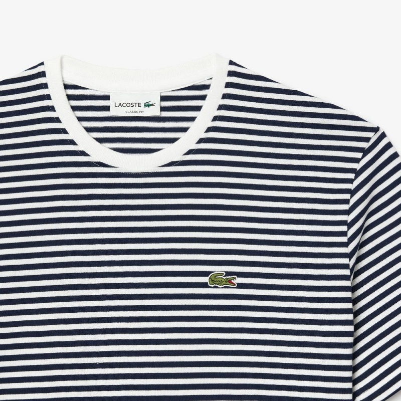 Men's Lacoste Heavy Cotton Striped T-Shirt White Navy Blue | FXA041739