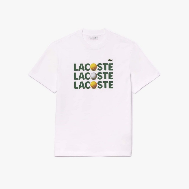 Men's Lacoste Heavy Cotton Tennis Ball Print T-Shirt White | YHW806947