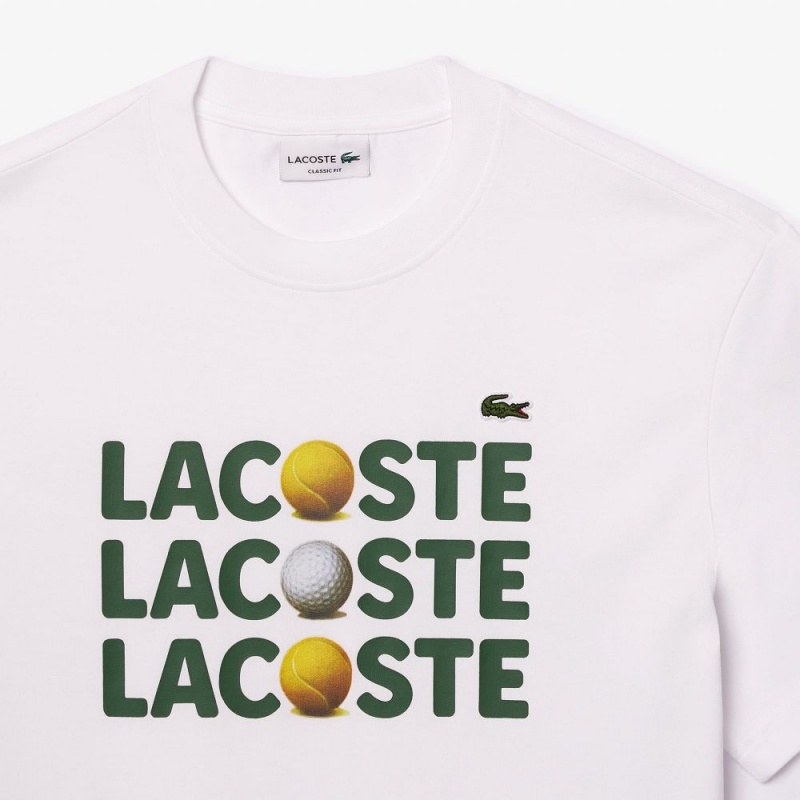 Men's Lacoste Heavy Cotton Tennis Ball Print T-Shirt White | YHW806947